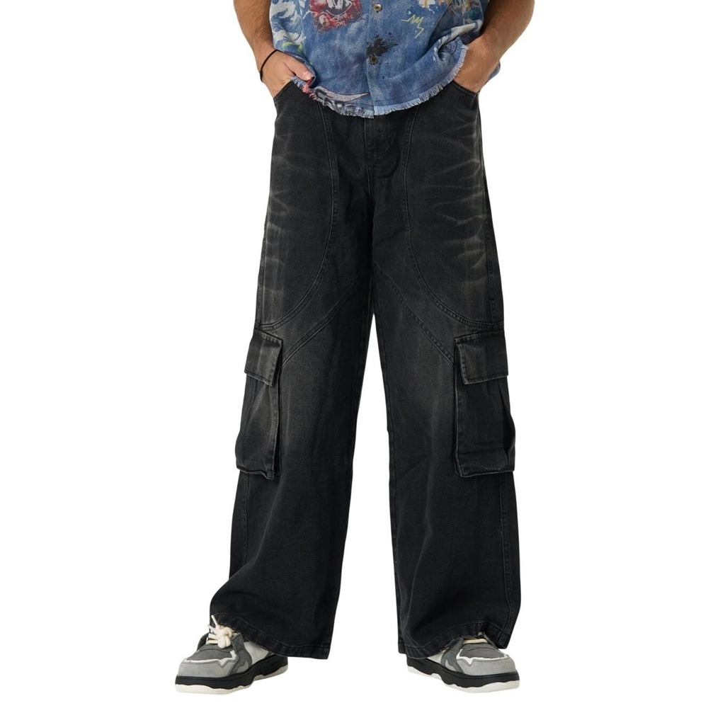 NWT Supermade Black Washed Distressed Multi-Pocket Cargo Jeans Baggy Mens Large